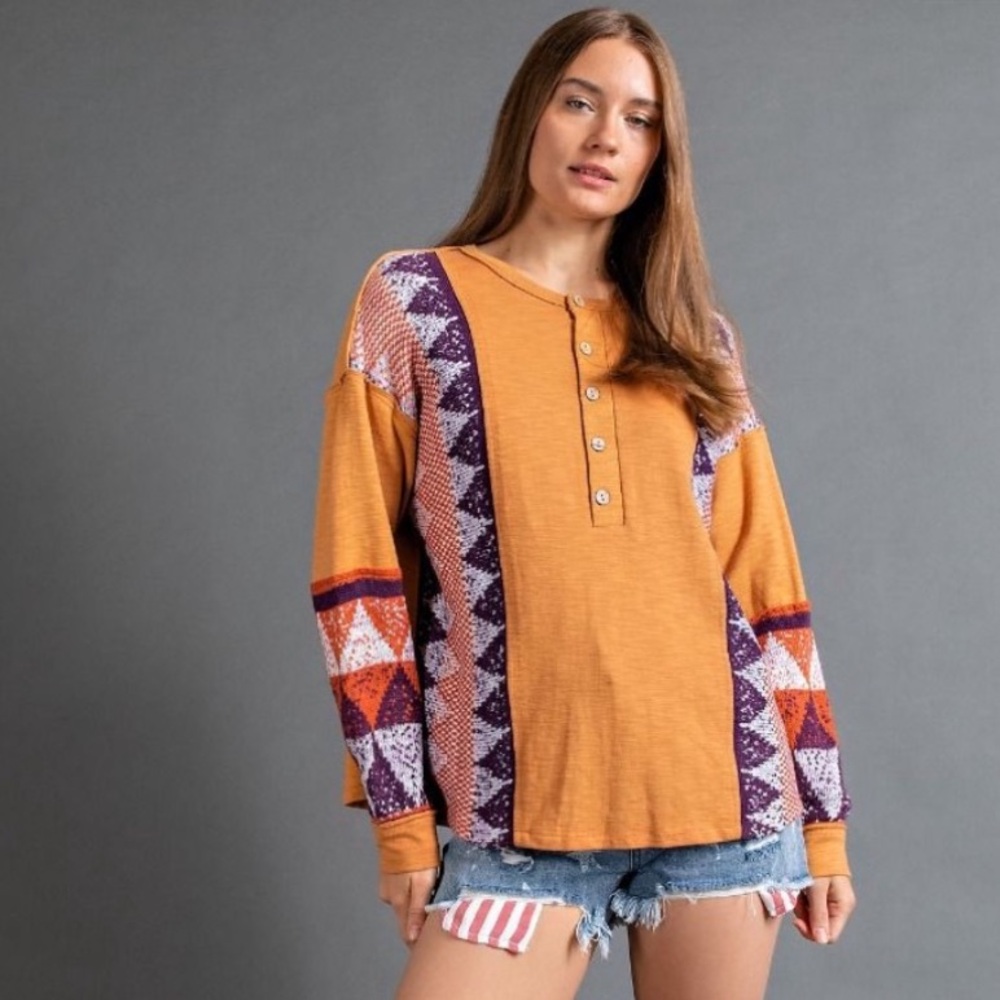 EASEL LOOSE FIT‎ HENLEY CONTRAST FABRIC TOP Large